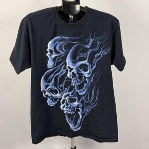 Skull Flames Shirt‎ Mens Large Black Graphic Tee Fruit Of The Loom Gothic Biker